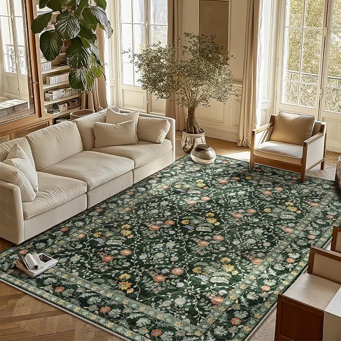 Vintage Botanical Dark Green Area Rug 6x9 Elegant Floral Pattern, Durable Stain-Resistant Fabric, Perfect for Living Room, Bedroom, Dining Room Decor