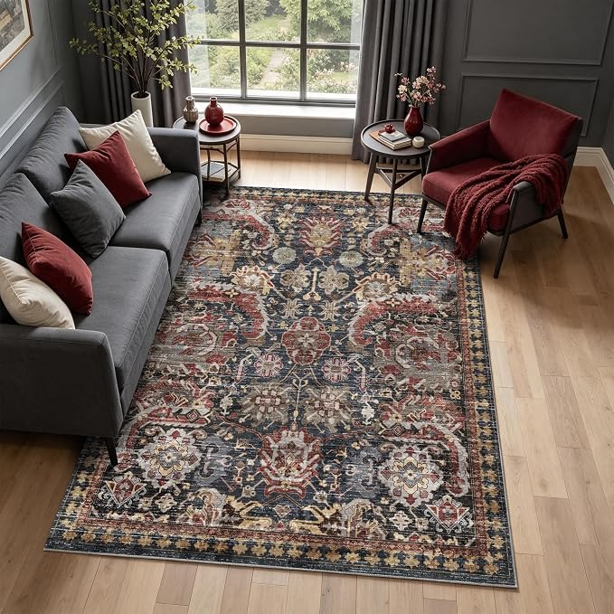 Washable Area Rugs - Perfect for Living Room, Bedroom, Kids Room, Nursery - Stain & Water Resistant Non-Slip, Pet & Child Friendly, Vintage Tribal Area Rugs (Rust, 5' x 7')