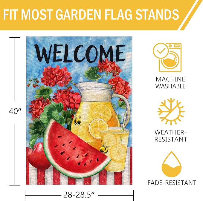 Furiaz Welcome Summer Watermelon Lemon Juice Large Decorative House Flag, Lemonade Geranium Flowers Garden Yard Outside Decorations Burlap Outdoor Decor Double Sided 28 x 40