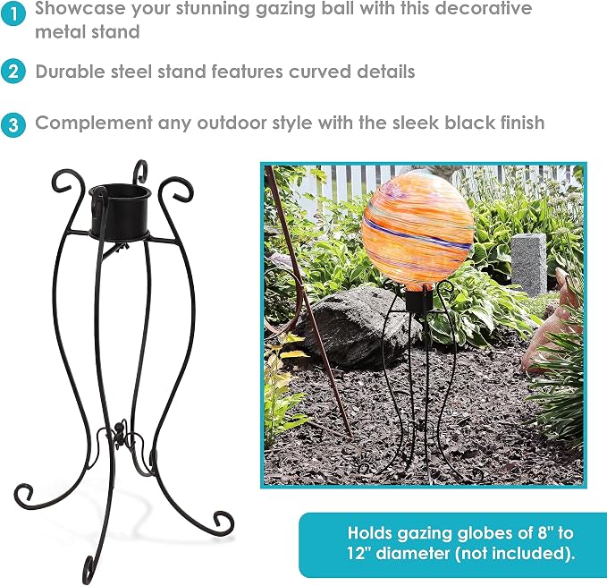 Sunnydaze Graceful Curved Outdoor Gazing Globe Stand, 18.5-Inch Tall | Black Metal Garden Globe Stand for 8-12-Inch Gazing Balls, Patio, Deck, Sunroom, or Backyard Decoration Accessory