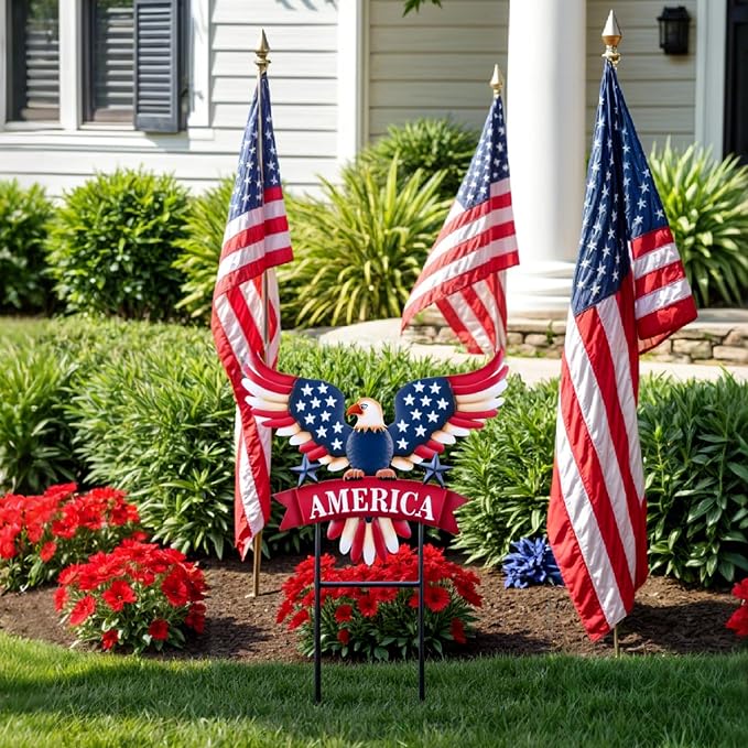 TERESA'S COLLECTIONS 4th of July Decorations for Outdoor, Patriotic Memorial Day Garden Decor, Eagle Metal Yard Art Sign for Outside, Americana Garden Stake for Lawn, Independence Day Gifts, 22.4''