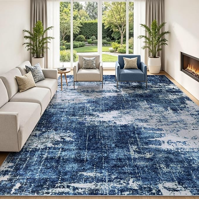 9x12 Washable Area Rug Modern Abstract for Living Room Bedroom Deep Blue | Soft Indoor Carpet,Anti-skid Backing,Water Repellent,Non-shedding, Suitable for bedroom dining farmhouse nursery home office