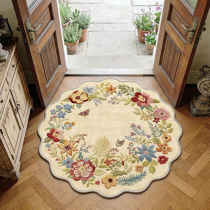 FMFUNCTEX 4ft Round Washable Beige Floral Scalloped Area Rug for Entryway | Rug Vintage Non Slip Flower Colorful Traditional Boho Cream Small Circle Soft Low Pile Neutral Mat Bedroom Bedside Nursery