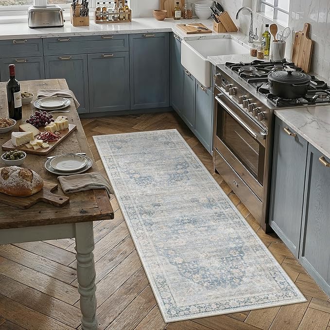 2x6 Blue Farmhouse Runner Rug | Washable, Non Slip, Soft Low Pile, Neutral Vintage, for Hallway Kitchen Laundry Bathroom Bedroom Living Room Home Decor