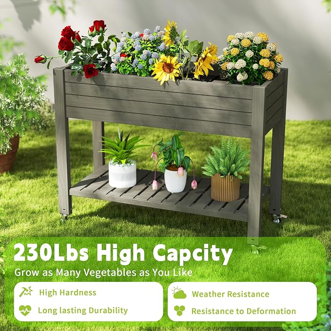 Elevated Raised Garden Bed with Wheels,Outdoor Large Resin Patio Planter Box Stand Divisible with Drain Plug,Water Monitor for Plants Vegetables Flowers Fruits(Grey,43.31 * 17.72 * 33.66)