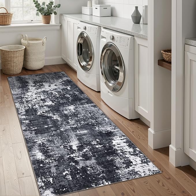 Sasttie 2x8 Runner Rug, Modern Abstract Hallway Carpet, Black & White | Machine Washable, Ultra-Soft Faux Wool, Low Pile, Non-Slip, Thin, for Entrance, Entryway, Kitchen & Laundry Room
