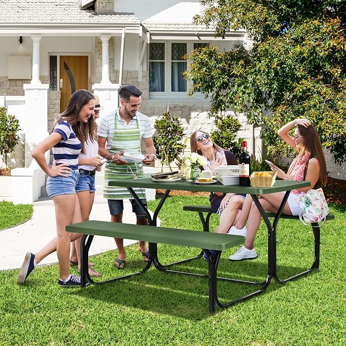 HAPPYGRILL Picnic Table Set Outdoor Patio Table Bench Set with Steel Frame & Plastic Table Top for Garden Lawn Backyard