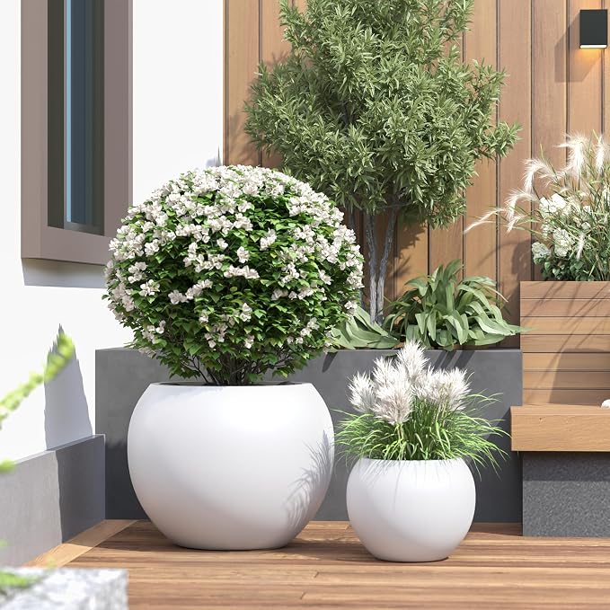 DTY Premium Mt Sherman Fiberstone Sphere Planter for Indoor Outdoor Use, Round Pot for Olive Tree, Lightweight, Smooth Finishes. 2 Extra Coco Mats. White, Large 21.1'' D x 16.7'' H. 14.6” Pot Opening