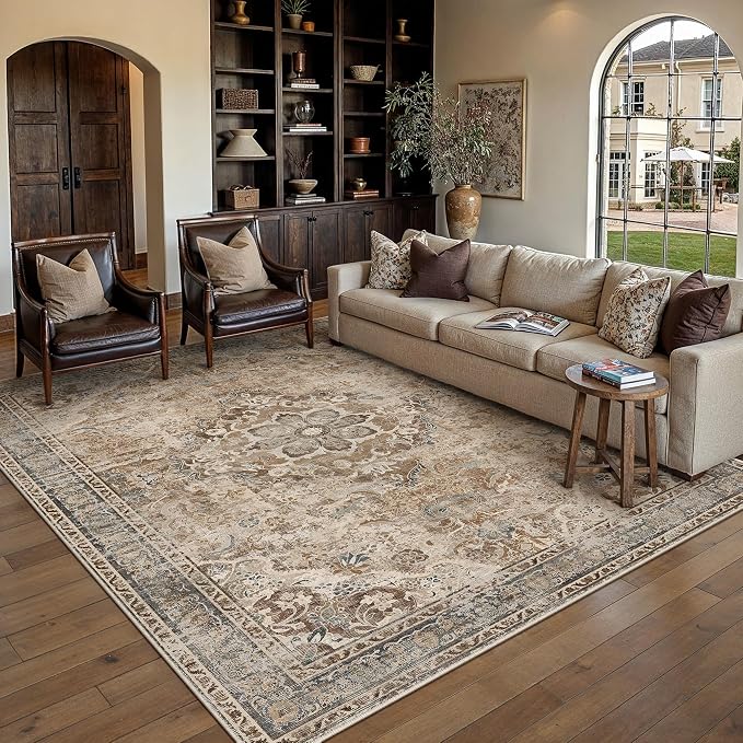 Brown Area Rug 5x7 Living Room Vintage Floral Non-Slip Carpet | Machine Washable, Soft, Low Pile, Distressed, Large for Bedroom, Dining Room, Office, Retro Farmhouse Decor