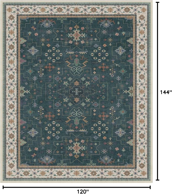 Dark Green Oushak Living Room Rug 10x12 - Modern Vintage Boho Eclectic Floral Pastel, Washable Low Pile Non-Slip Extra Large Area Rugs for Dining Under Table Bedroom Lounge