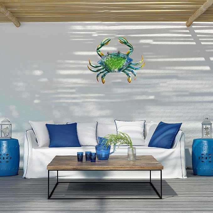 JOYBee 17.2Inch Large Metal Crab Wall Art Decor,Decoration for Outdoor Indoor,Nautical Hanging Art Blue Green Stained Glass with Metal for Garden Pool Patio Balcony Kitchen or Bathroom