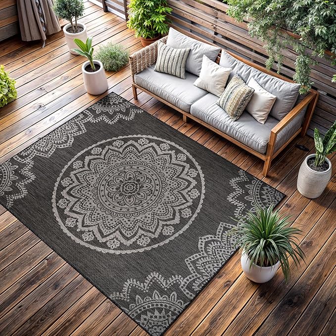 CAMILSON Outdoor Rug 5x7 Modern Area Rugs for Indoor and Outdoor Patios and Porches - Waterproof Washable Non-Shedding Easy-to-Clean Outside Carpet (5 x 7, Medallion - Dark Grey/Light Grey)