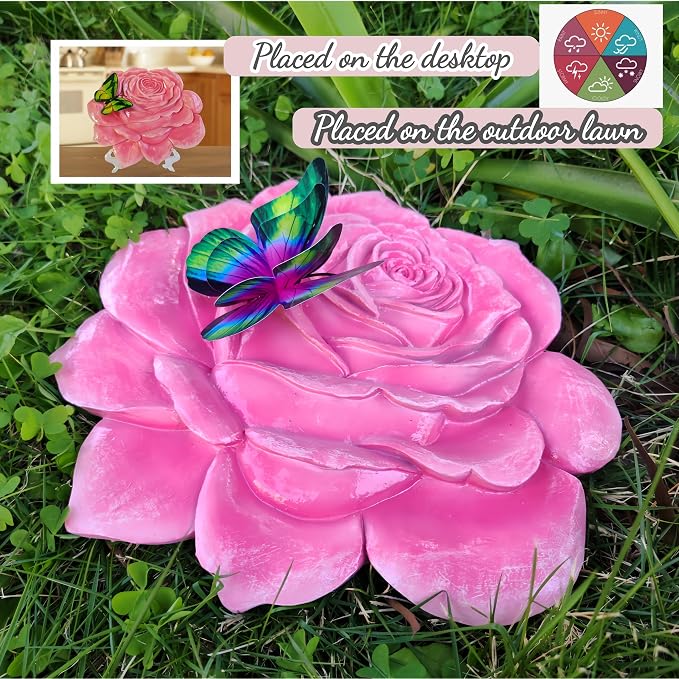 Garden Stepping Stones Outdoor Walkway – Resin Rose Flower Pavers for Path, Lawn & Backyard -Walkway Sculpture Yard Art,Rose Ornament as a for Loved Ones – Set of 2, Pink