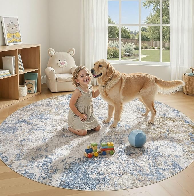 Nakagishi 6X6 Abstract Washable Area Rugs for Living Room-Blue Brown | Modern Non-Slip Silicone Backing Low Pile Soft Carpet for Bedroom Dining Decor Ideal for Families with Kids and Pets
