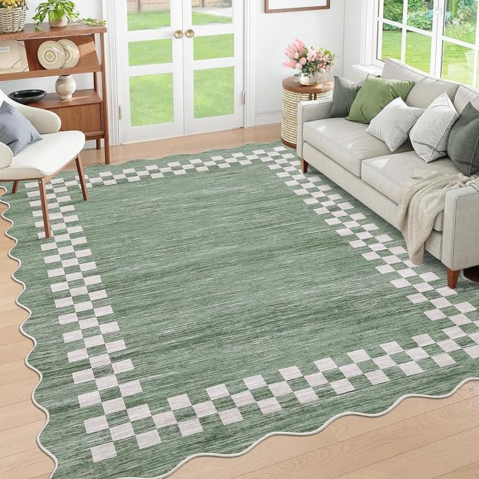 GarveeHome Small Bedroom Area Rug 3x5 Checkered Area Rug for Living Room | Nursery Non Slip Kitchen Throw Carpet Low Pile Modern Bordered Rugs Washable Green Rugs for Laundry Entryway, Green