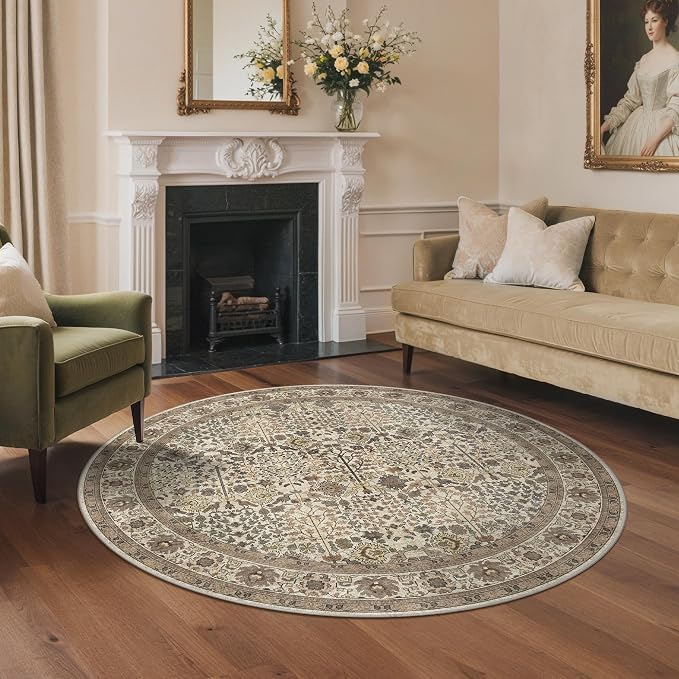 5ft Round Area Rug 5x5, Washable Non Slip, Dark Espresso | Vintage Floral, Spill Resistant, Lightweight Low Pile Non-Shedding Carpet for Bedroom, Nursery and Kitchen