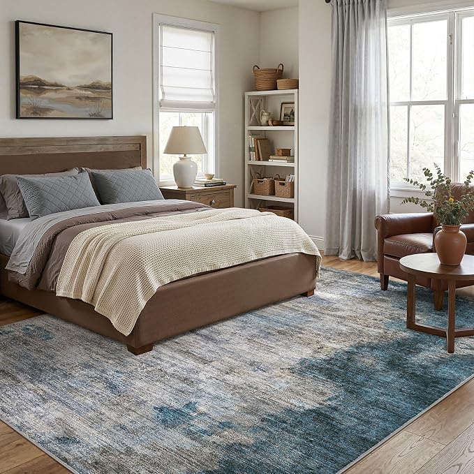 DMOYEST 8x10 Area Rug for Living Room Washable Abstract Indoor Carpet | Neutral Modern Low Pile Rugs Kid & Pet Friendly Large Soft Thin Carpet for Bedroom Dining Room - Dark Grey Blue