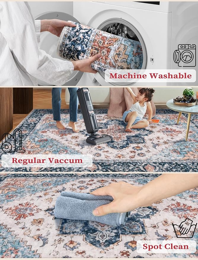 SERISSA 3x8 Washable Non Slip Boho Runner Rug for Hallway，Blue Orange | Ultra Soft Vintage Oriental Carpet Low-Pile Tribal Floor Carpet for Stair Kitchen Bedroom Bathroom Laundry Room