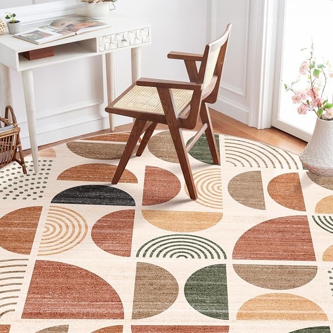 Round Rugs 6ft,Circle Area Rug Washable Non Slip Modern Abstract | Large Circular Rugs for Living Room Dining Room Boho Throw Carpet Soft Low Pile Floor Indoor Bohemian Terracotta