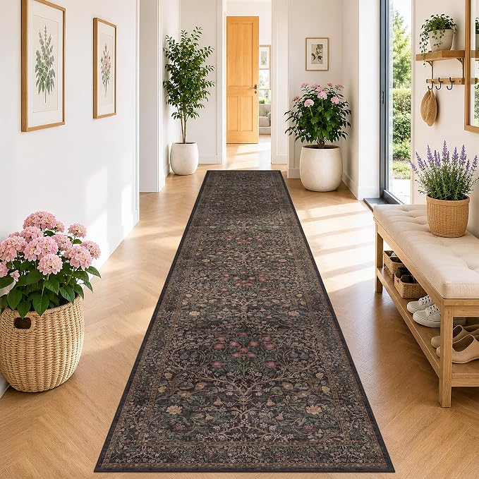 Brown Boho Washable 2x10 Hallway Runner Rug - Extra Long Runners for Kitchen, Bathroom, Stair, Non-Slip Floor Carpet Rugs for Large Entryway Indoor, Vintage Dark Taupe Floral Décor