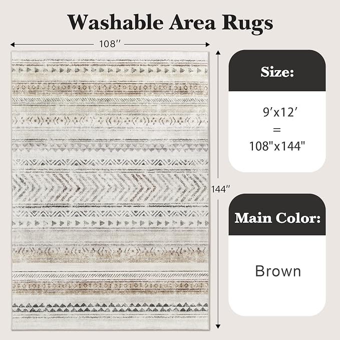 Art&Tuft 9x12 Area Rugs for Living Room, Large Washable Area Rug, Brown | Low Pile, Soft & Lighweight, Folable, Stain Resistant Indoor Floor Mat Moroccan Carpet for Bedroom, Dining Room, Home Office