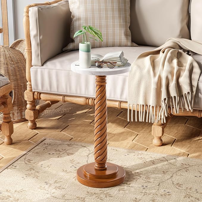 COZAYH Pedestal Small Drinking Table, Farmhouse Tray Top End Table, Distressed Finish, White Tabletop, Wooden Legs