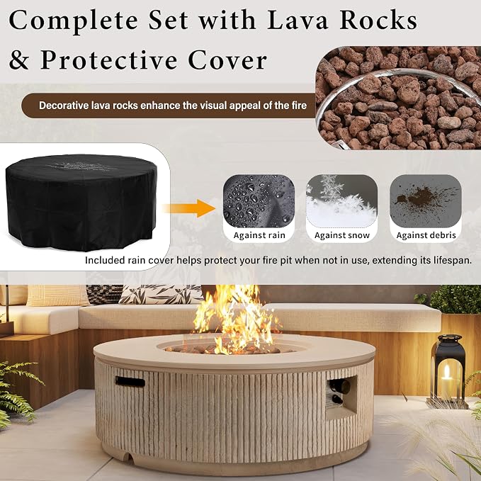 Merax 38.19'' MGO Propane Outdoor Fire Pit with Vertical Stripe Design, 50000 BTU Round Fire Pit Table with Steel Burner, Adjustable Flame Control, Lava Rocks & Rain Cover for Patio&Backyard, Brown