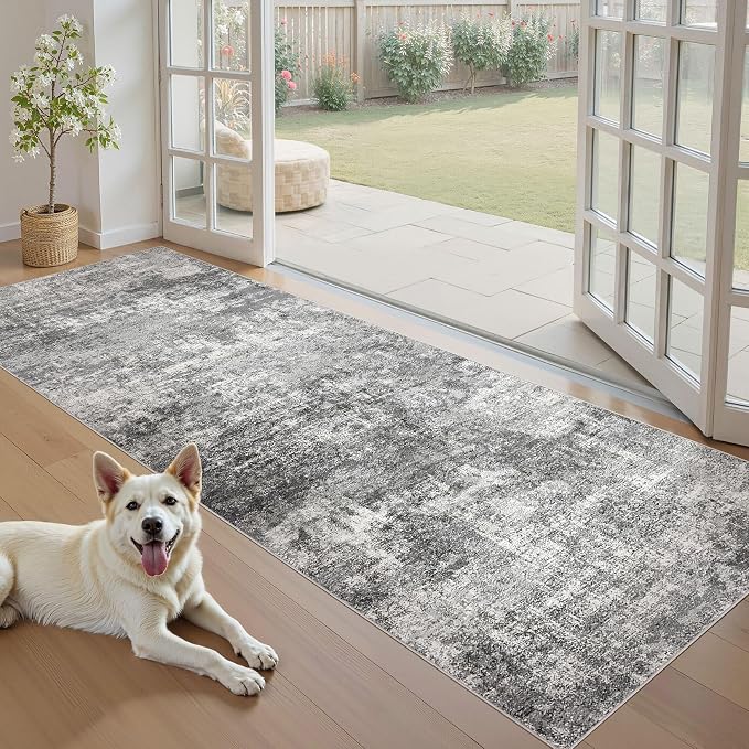 DMOYEST 3x12 Washable Runner Rug for Hallway Abstract Soft Carpet Runner | Neutral Modern Low Pile Area Rug Kid & Pet Friendly Non-Slip Carpet for Entryway Kitchen Dining Room - Grey