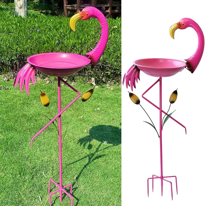 12.2”D * 45.3”H Flamingo Bird Bath, Metal Bird Baths for Outdoor, Bird Feeder with 5 Prongs Stake for Outside Garden Yard Decor