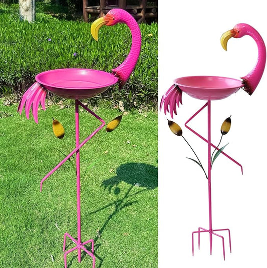12.2”D * 45.3”H Flamingo Bird Bath, Metal Bird Baths for Outdoor, Bird Feeder with 5 Prongs Stake for Outside Garden Yard Decor