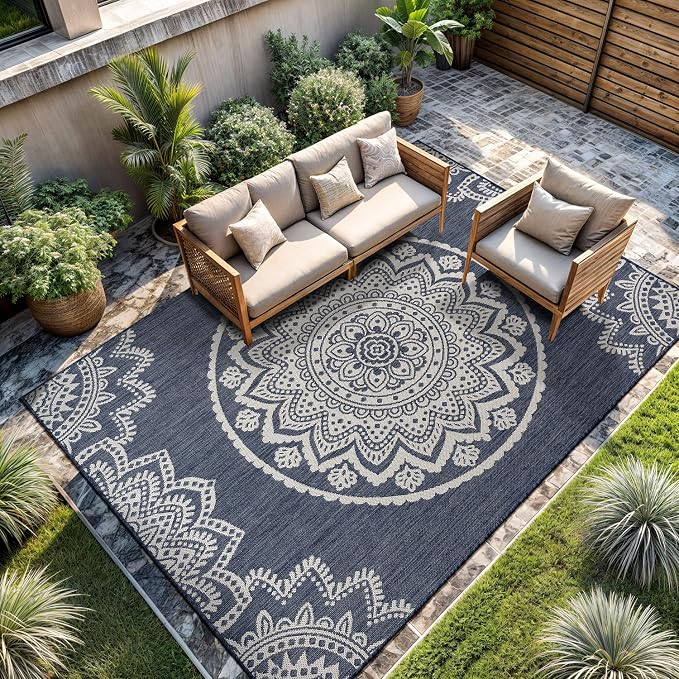 CAMILSON Outdoor Rug 8x10 Modern Area Rugs for Indoor and Outdoor Patios and Porches - Waterproof, Washable, Non-Shedding, Easy-to-Clean Outside Carpet (8 x 10, Medallion - Blue/White)