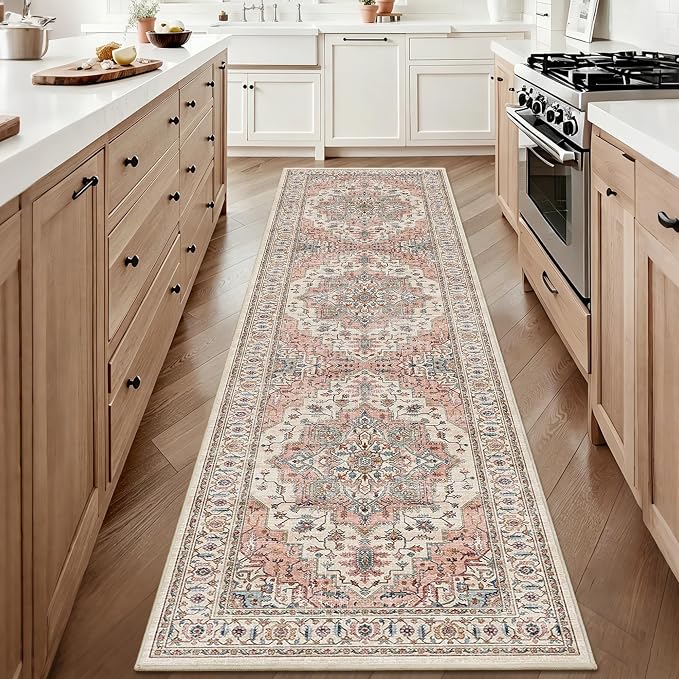 2x8 Vintage Runner Rug Low Pile Non-Slip Washable Hallway Rug | Retro Distressed Print Rug Non-Shedding Beige Pink Carpet Stain Resistant Long Rug for Hallway Kitchen Bedroom Laundry Room