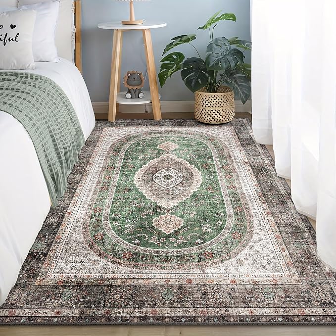 Green Rug 3x5,Washable Area Rugs for Bedroom Living Room Entryway | Small Boho Vintage Bohemian Distressed Oriental Non Slip Carpet