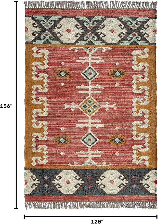 Jute Traditional Kilim Rug Boho Flatweave Area Rug for Living Room, Living Room Entryway, Tribal Series, 10'x13'