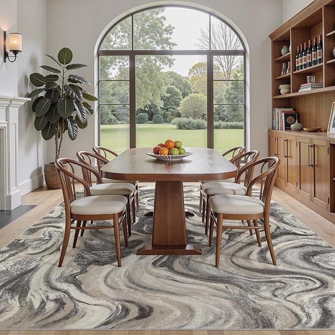 DMOYEST 9x12 Area Rug for Living Room Washable Abstract Indoor Carpet | Neutral Modern Low Pile Rugs Kid & Pet Friendly Large Soft Thin Carpet for Bedroom Dining Room and Office - Ash Grey