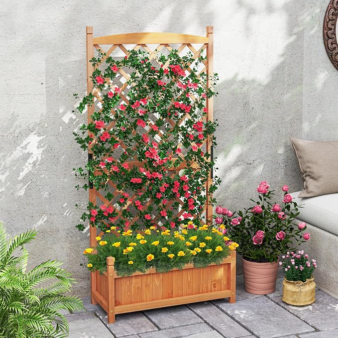 Giantex Raised Garden Bed with Trellis Set of 2, 60" Wooden Planter Container w/Drainage Holes, High Trellis for Plant Flower Climbing Pot Hanging, Indoor Outdoor Planter Box for Yard Garden Balcony