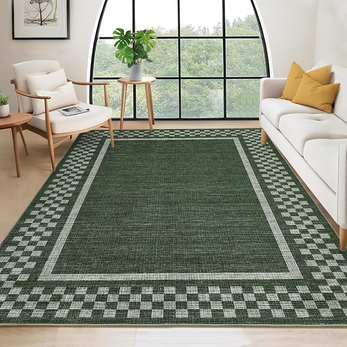 GarveeHome Washable Area Rugs 10x13 Non Slip Soft Large Living Room Rug | Modern Checkered Bedroom Rug Soft Geometric Bordered Throw Carpet for Dining Room Home Decor Office Nursery, Green