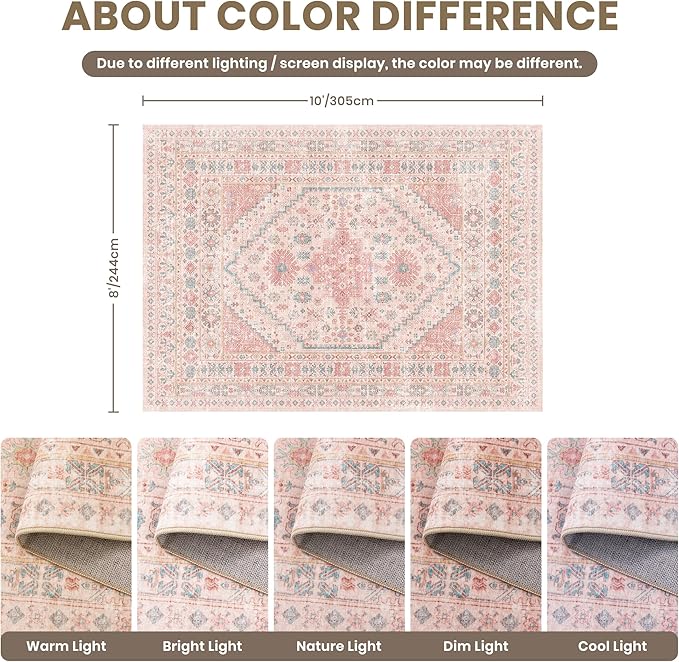 Pink Rugs for Bedroom-8x10 Area Rugs for Living Room,Girls Room | Washable Rugs for Nursery,Dining Room,Office,Low Pile,Soft, Vintage Rug,Stain Resistant Indoor Carpet,Non Slip,Home Decor