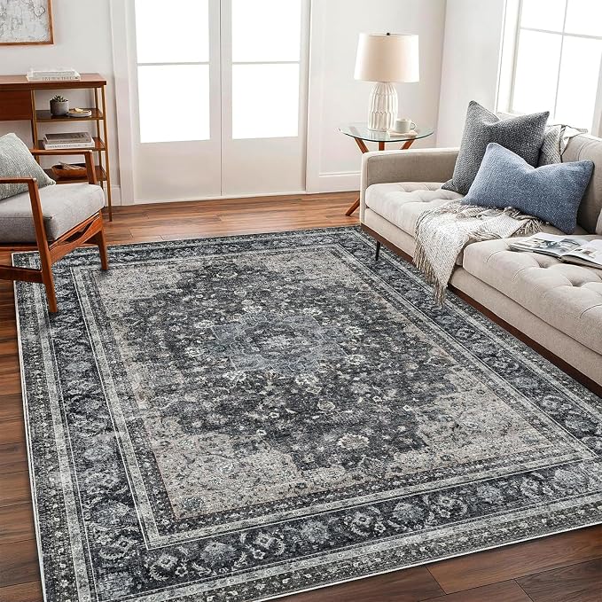 CHAMPLANT Washable Area Rug 4'x6' Traditional Floor Cover Foldable Thin Rugs Retro Kitchen Indoor Distressed Non Slip Carpet Floral Print Mat Bedroom Living Room