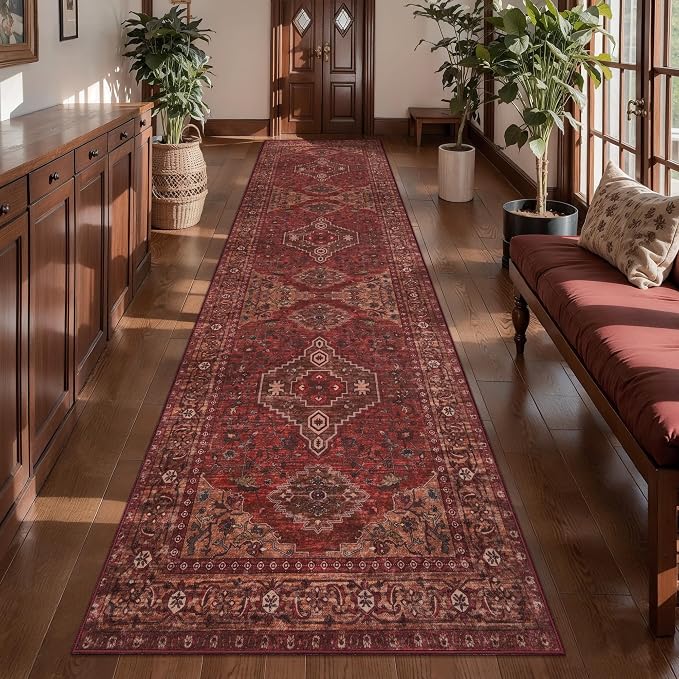 Tangsoo Red 3x10 Washable Hallway Runner Rug, Oriental Non Slip Runner Rug | VIntage Soft Low Pile 10ft Rug Runner, Boho Print Carpet Runners for Hallway Kitchen Bedroom Entryway Living Room Dark Red