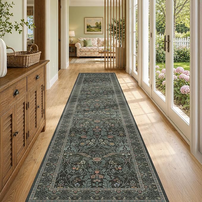 Dark Green 2'6"x12' Long Runner Rugs for Hallway, Washable Non Skid 12ft Wide Kitchen Runner Rug Vintage Floral Entryway Indoor Mat Décor,Soft Low Pile Stain Resistant Carpet