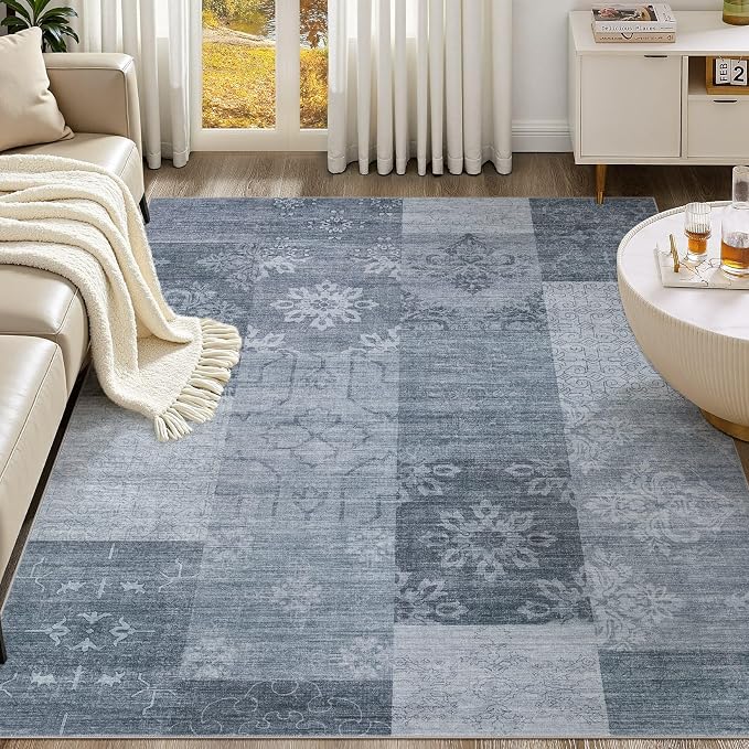 UERMEI 6x9 Area Rug for Living Room - Washable Vintage Carpet, Non-Slip Soft Large Indoor Floor Rugs for Bedroom Home Office & Under Dining Table Decor, Blue Block