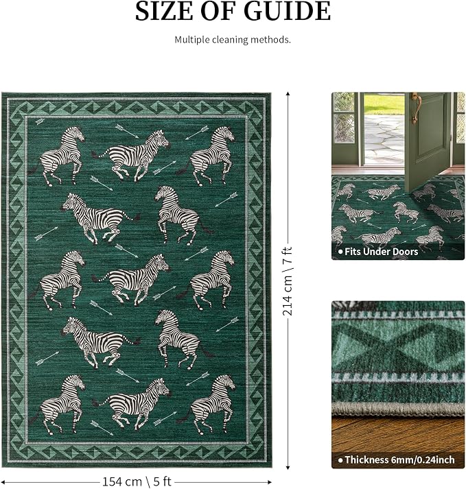 YIHOUSE Green Zebra Area Rugs 5×7, Washable Animal Print Rug with Southwestern Border, Non-Slip Low Pile Mid-Century Modern Carpet for Living Room, Bedroom, Dining Room