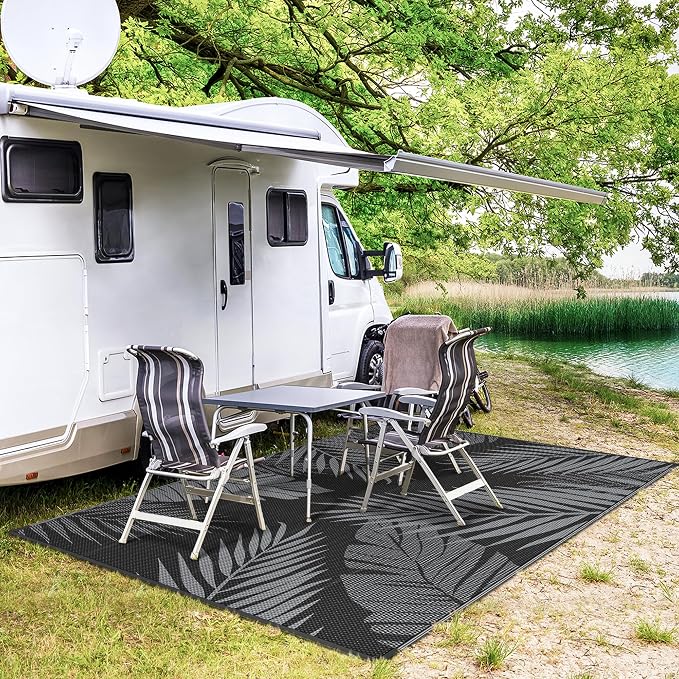 GENIMO Outdoor Rug 5' x 8' Waterproof for Patio Clearance, Reversible Plastic Straw Camping Carpet, Lightweight Mat for Rv, Camper, Deck, Porch, Picnic, Balcony, Beach, N.Black & Grey