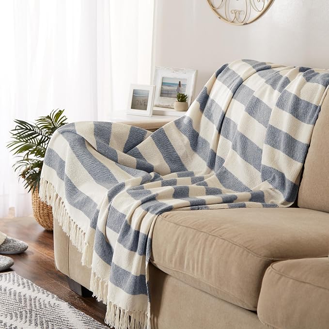 DII Rustic Farmhouse Cotton Cabana Striped Blanket Throw with Fringe, 50 x 60 - Cabana Striped Off-White with French Blue