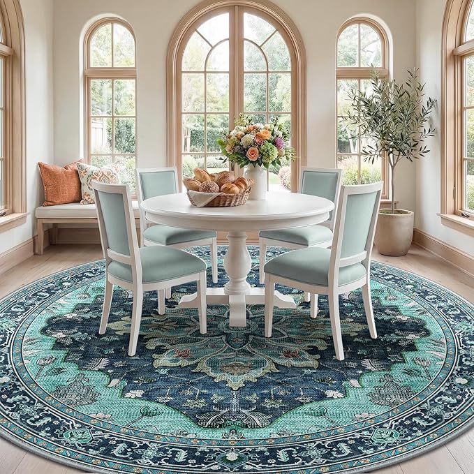 RELEANY Washable Area Rug, Round 10ft, Teal | Non-Slip, Water Repellent, Pet Friendly, Easy to Clean, Vintage Floral Boho Decor for Living Room Bedroom Dining Room