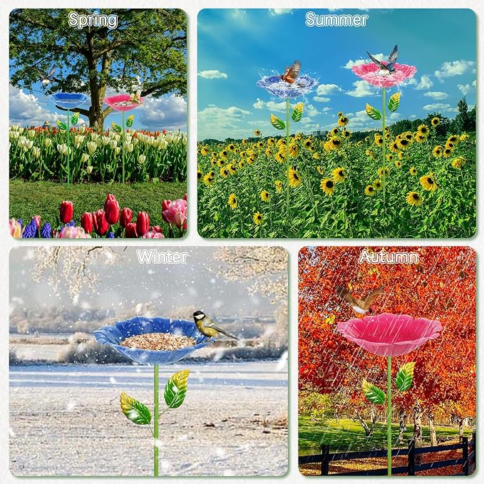 2 Pack Bird Baths for Outdoors, Colorful Metal Bird Bath for Outside, Hummingbird Bath with Five Stakes, Garden Flower Small Birdbath for Garden Decor, 31.3" H x 10.63" Dia (Royal Blue,Pink)