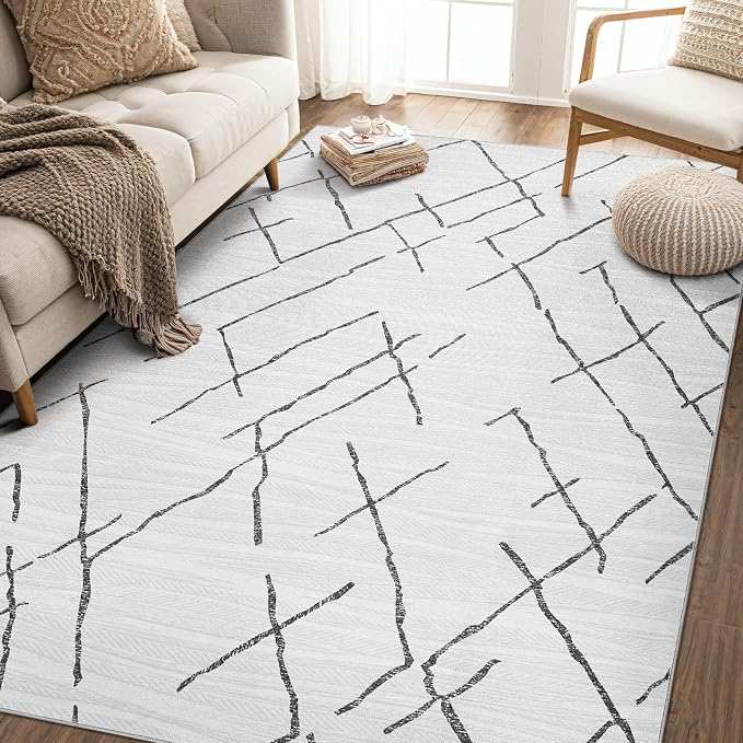 kakania Washable 10x12 Area Rug for Living Room: Boho Geometry Home Decor | Soft Stain Resistant, Low-Pile, Non-Slip, Pet & Kid Friendly, Thin Rug for Bedroom/Dining Room/Kids Dorm - Light Grey