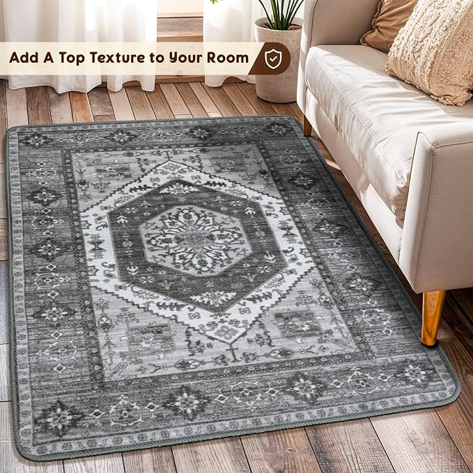 LBRO2M Machine Washable Rug Soft Pet Friendly Carpet 3X5 Dark Gray | Persian Throw Rug 3X5 for Entryway, Kitchen, Bathroom Non Slip Carpet, Foldable Stain Resistant Rugs