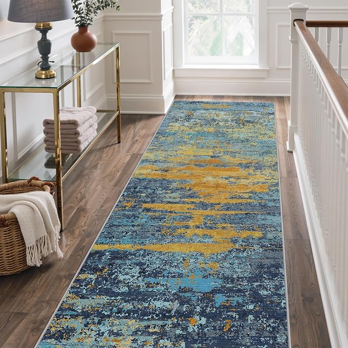 BEIMO 2x8 Non Slip Runner Rugs for Hallway, Wave Abstract Blue Orange | Soft Machine Washable Modern Runners,Streaks Pattern Indoor Marble Carpet for Kitchen Laundry Room Bedroom Bathroom